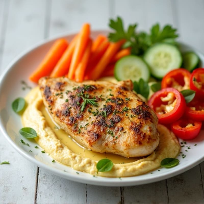 Lemon-Herb Roasted Chicken with Creamy Hummus and Fresh Vegetable Crudités