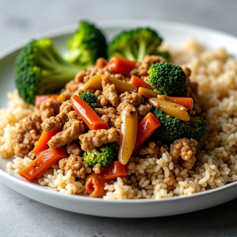 Ginger-Garlic Ground Turkey Stir Fry with Steamed Broccoli and Brown Rice