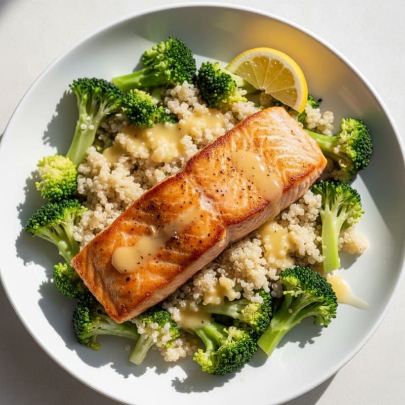 Seared Salmon with Steamed Broccoli and Quinoa