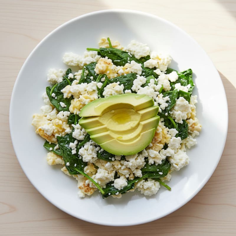 Egg White and Spinach Scramble with Cottage Cheese and Sliced Avocado