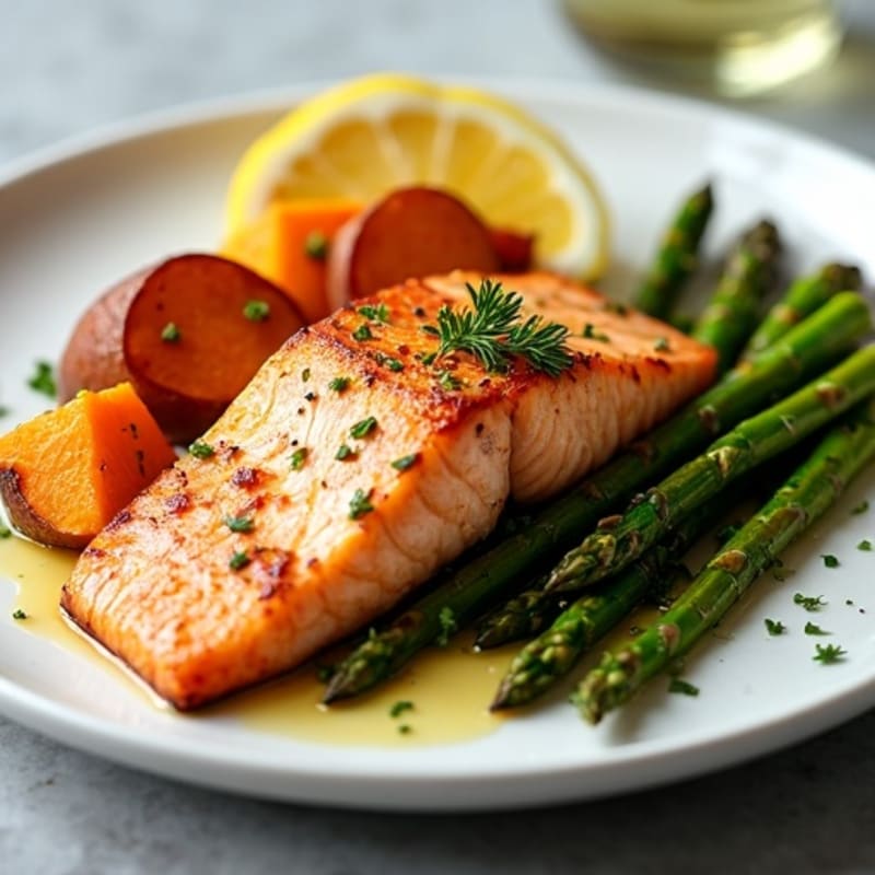 Seared Salmon Fillet with Roasted Sweet Potatoes and Asparagus