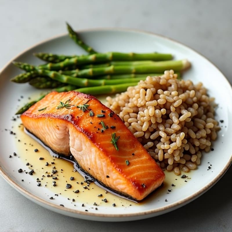 Seared Salmon with Steamed Asparagus and Brown Rice