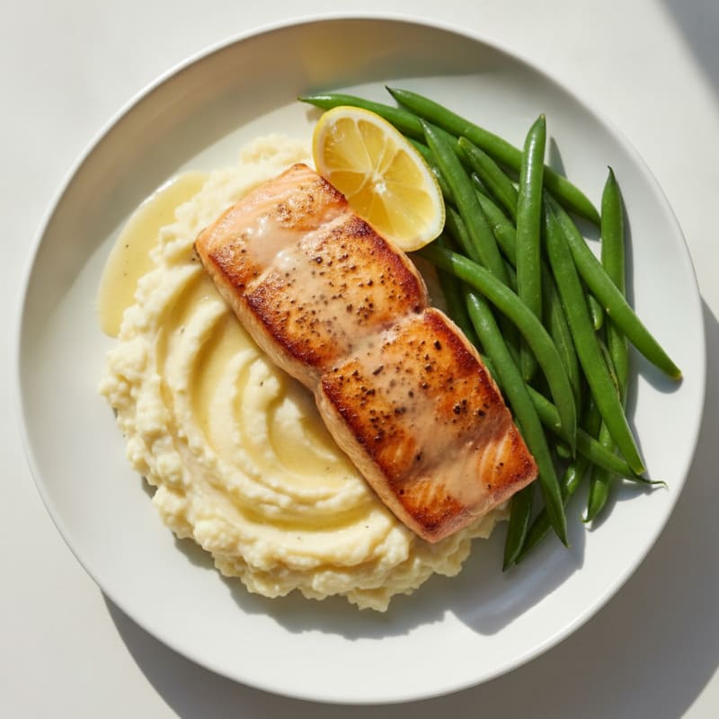 Seared Salmon with Steamed Green Beans and Cauliflower Mash