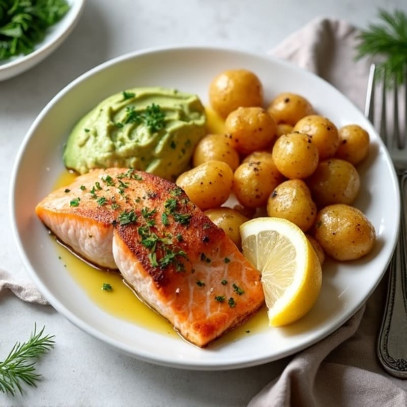 Lemon Herb Roasted Salmon with Crispy Potatoes and Creamy Avocado
