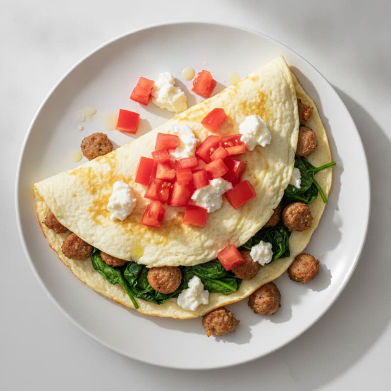 Egg White Spinach Omelet with Turkey Sausage and Fresh Tomato