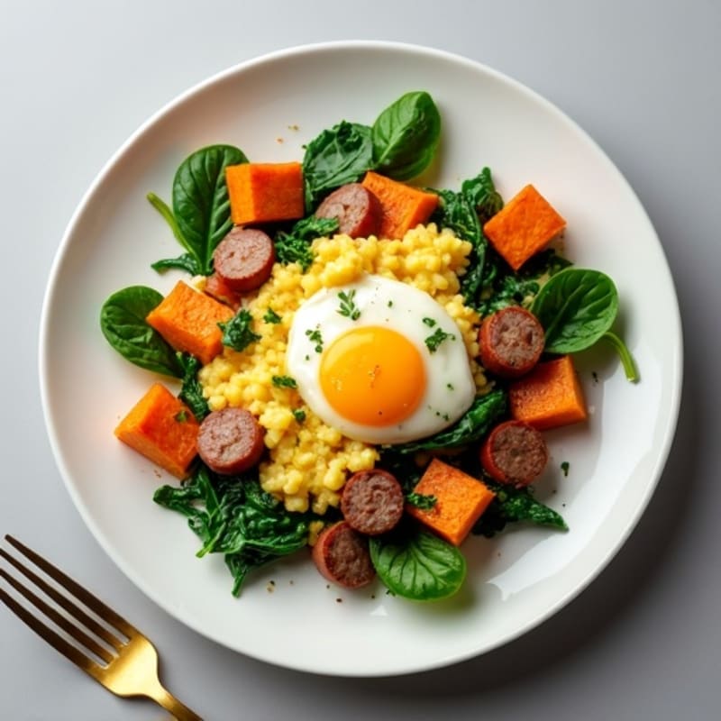 Egg White and Turkey Sausage Scramble with Spinach and Roasted Sweet Potatoes