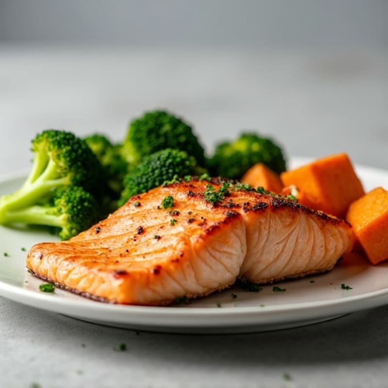 Seared Salmon with Steamed Broccoli and Roasted Sweet Potato