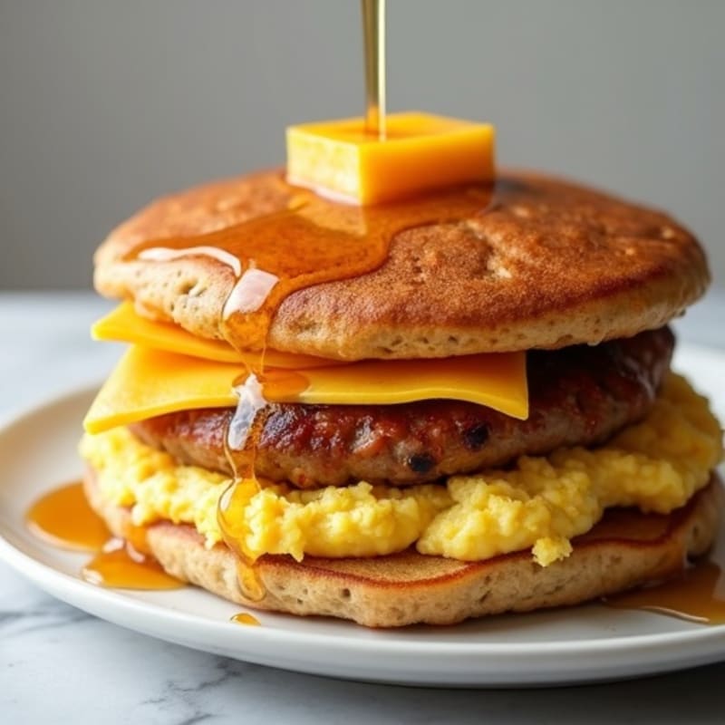 Maple-Kissed Protein Pancake Sandwich with Lean Turkey Sausage, Fluffy Eggs, and Sharp Cheddar