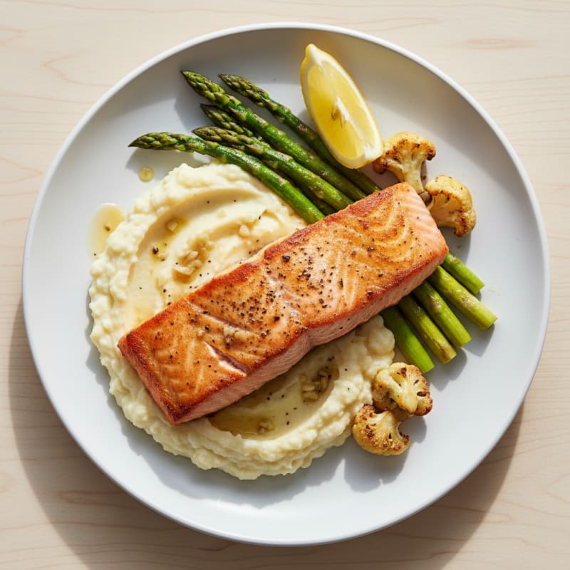 Seared Salmon with Roasted Asparagus and Cauliflower Mash