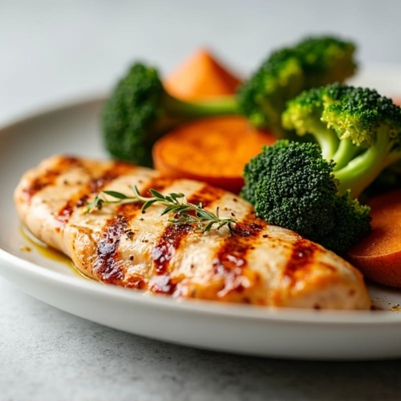 Grilled Chicken Breast with Roasted Broccoli and Sweet Potato