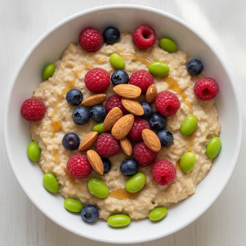 Oatmeal with Edamame, Mixed Berries, and Toasted Almonds