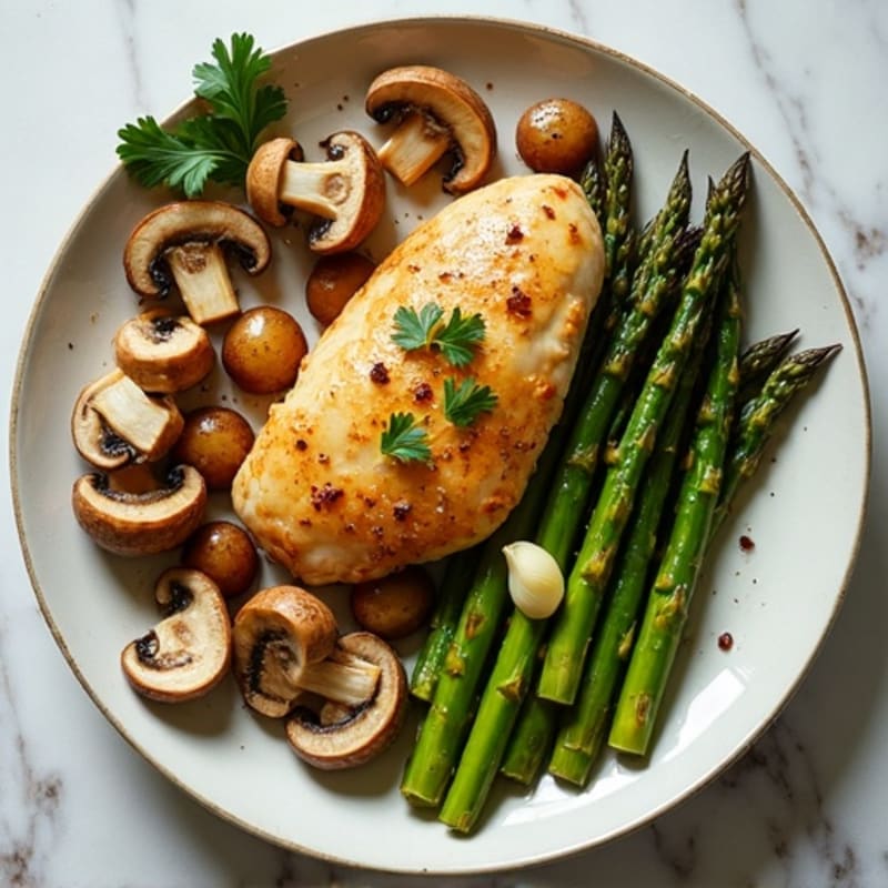 Sheet Pan Garlic Butter Chicken and Roasted Mushrooms with Asparagus
