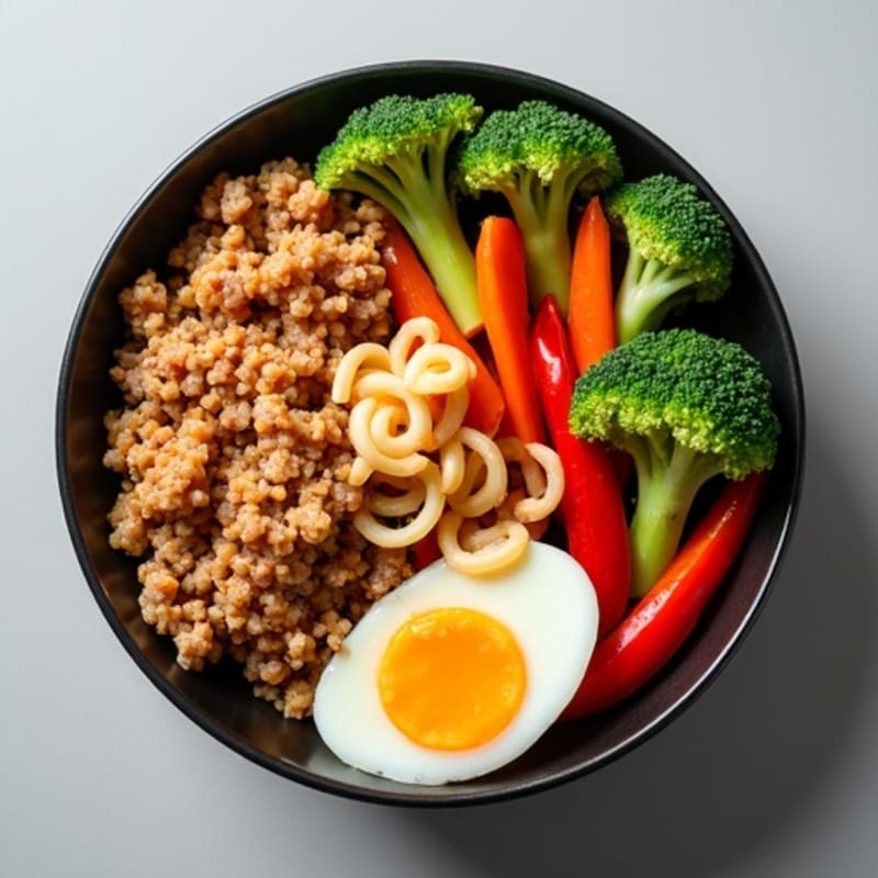 Spicy Pork Dumpling Bowl with Crispy Vegetables