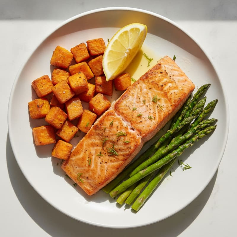 Seared Salmon Fillet with Roasted Sweet Potato and Asparagus