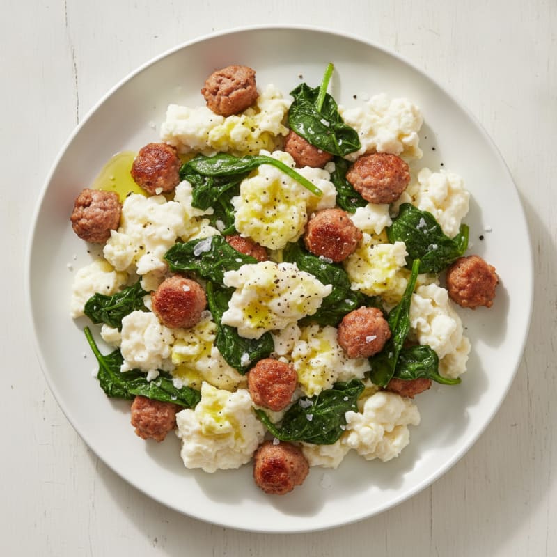 Egg White Scramble with Turkey Sausage and Sautéed Spinach