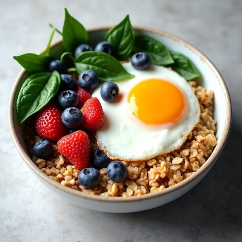 Savory Oatmeal Bowl with Fried Egg, Sautéed Greens, Fresh Berries, and Creamy Greek Yogurt