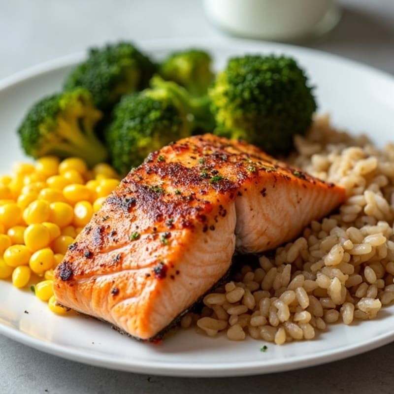 Cajun-Spiced Salmon with Creamy Skillet Corn, Roasted Broccoli, and Savory Rice
