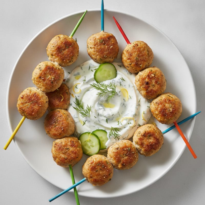 Mini Chicken Meatball Skewers with Dipping Sauce