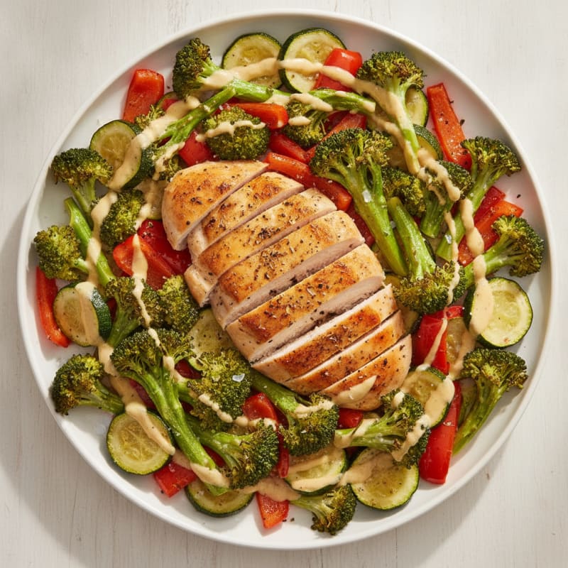 Herb-Roasted Chicken with Rainbow Vegetables & Creamy Tahini Drizzle