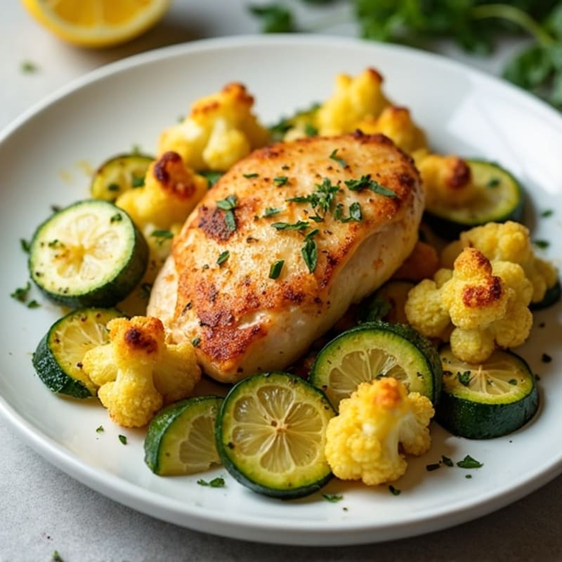 Crispy Roasted Zucchini and Cauliflower with Lemon Herb Chicken