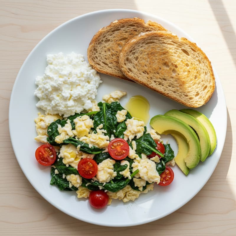 Egg White and Spinach Scramble with Cottage Cheese and Cherry Tomatoes