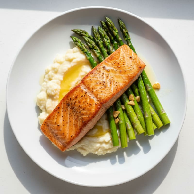 Seared Salmon with Garlic Asparagus and Cauliflower Mash