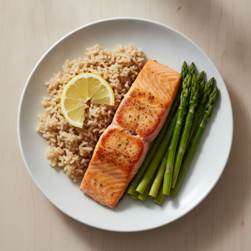 Seared Salmon Fillet with Steamed Asparagus and Brown Rice