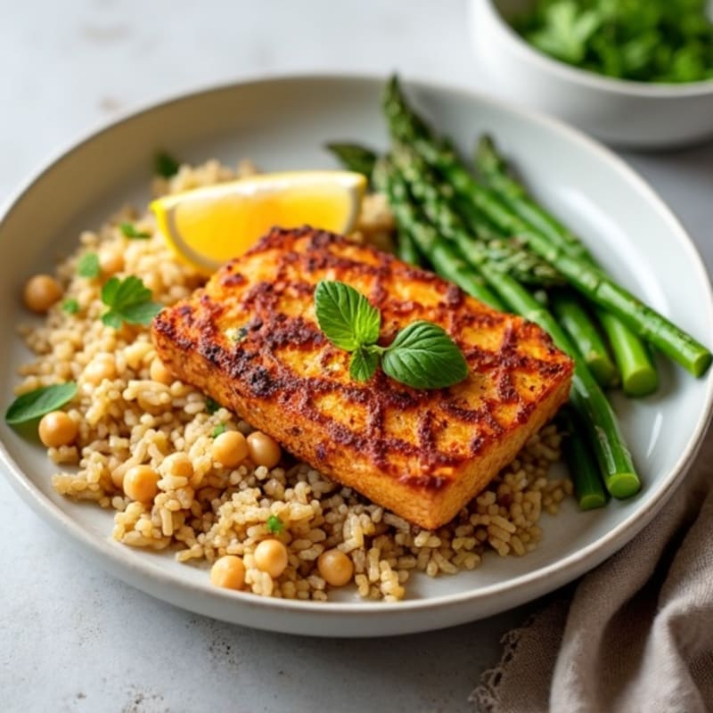 Crispy Baked Tempeh with Chickpea Rice Pilaf and Steamed Asparagus