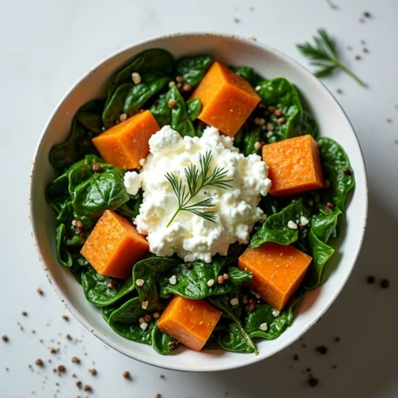 Creamy Cottage Cheese Bowl with Roasted Sweet Potato, Wilted Spinach, and Fresh Dill