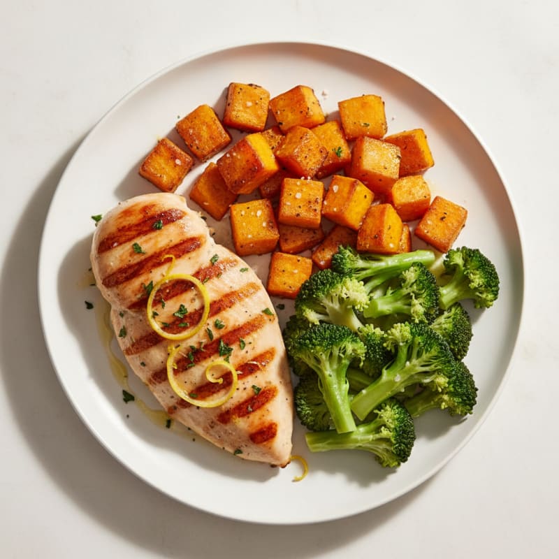 Grilled Chicken Breast with Roasted Sweet Potato and Steamed Broccoli