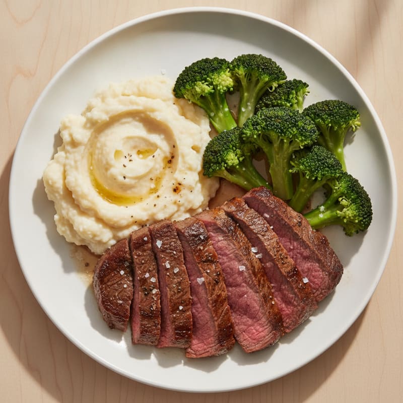 Seared Lean Beef with Steamed Broccoli and Cauliflower Mash