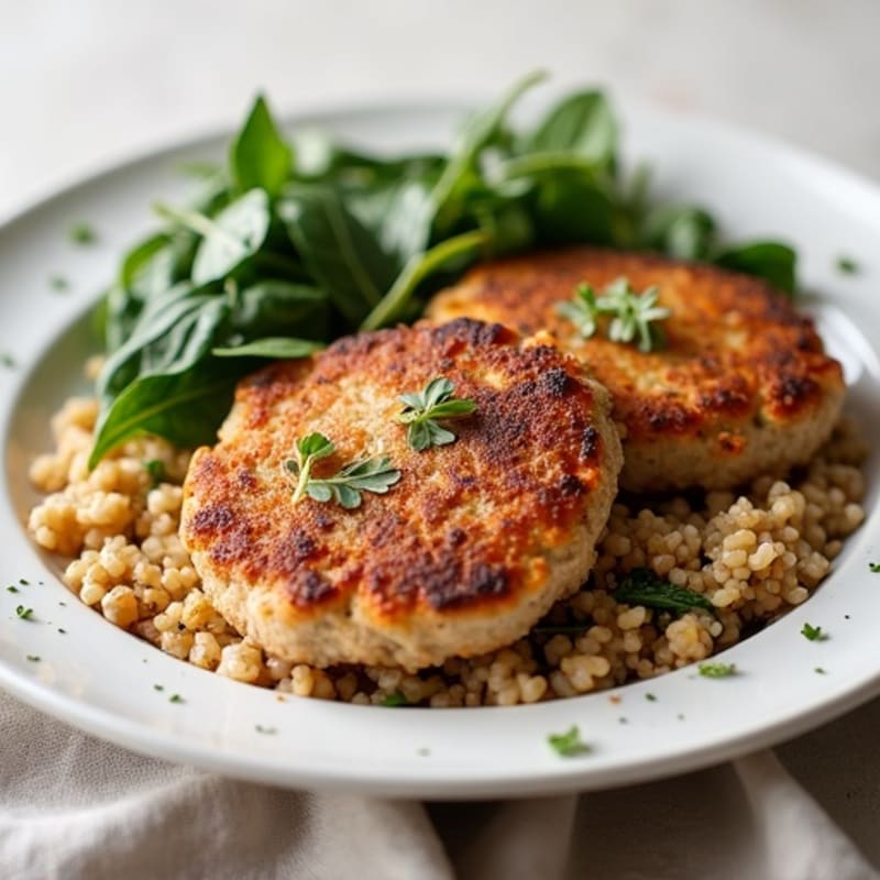 Seared Turkey Patties with Quinoa Pilaf and Sautéed Spinach