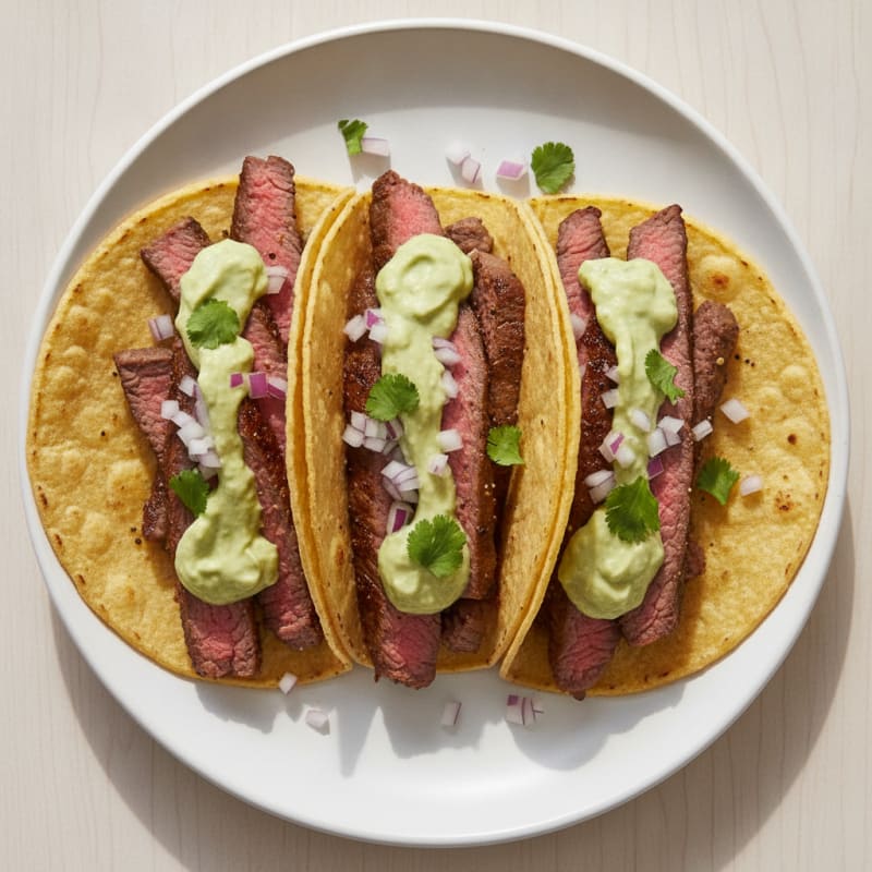 Pan-Seared Steak Tacos with Avocado Crema