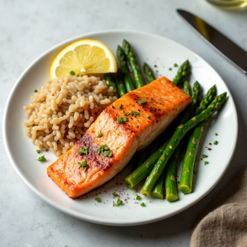 Seared Salmon with Steamed Asparagus and Brown Rice