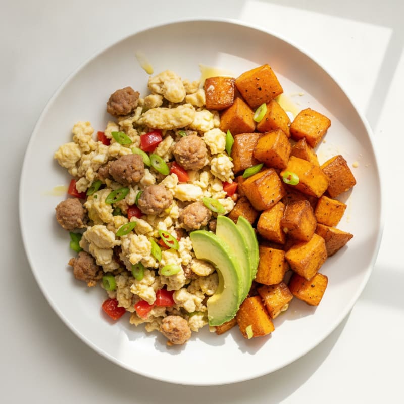 Egg White and Turkey Sausage Scramble with Roasted Sweet Potatoes