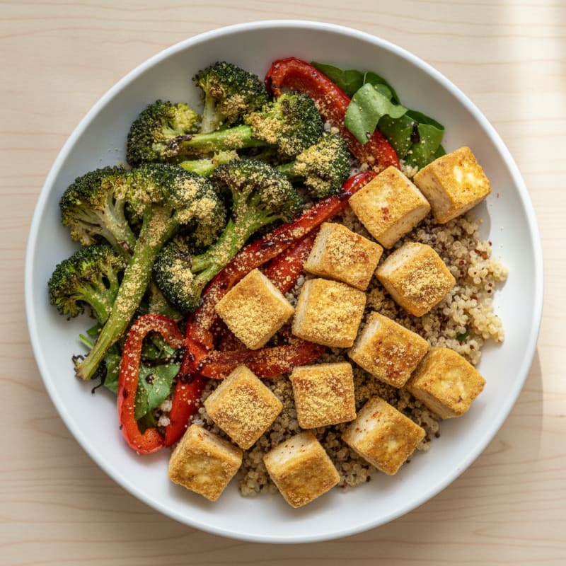 Crispy Tofu and Quinoa Power Bowl with Roasted Vegetables