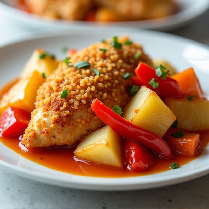 Crispy Baked Sweet and Sour Chicken with Roasted Bell Peppers and Pineapple