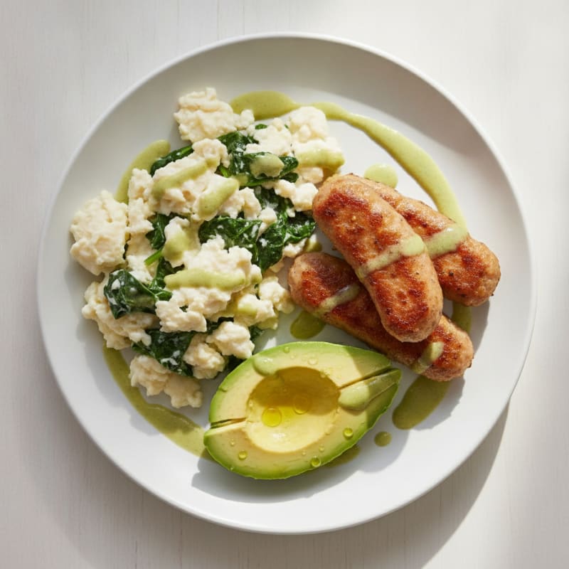 Egg White Scramble with Turkey Sausage and Sautéed Spinach