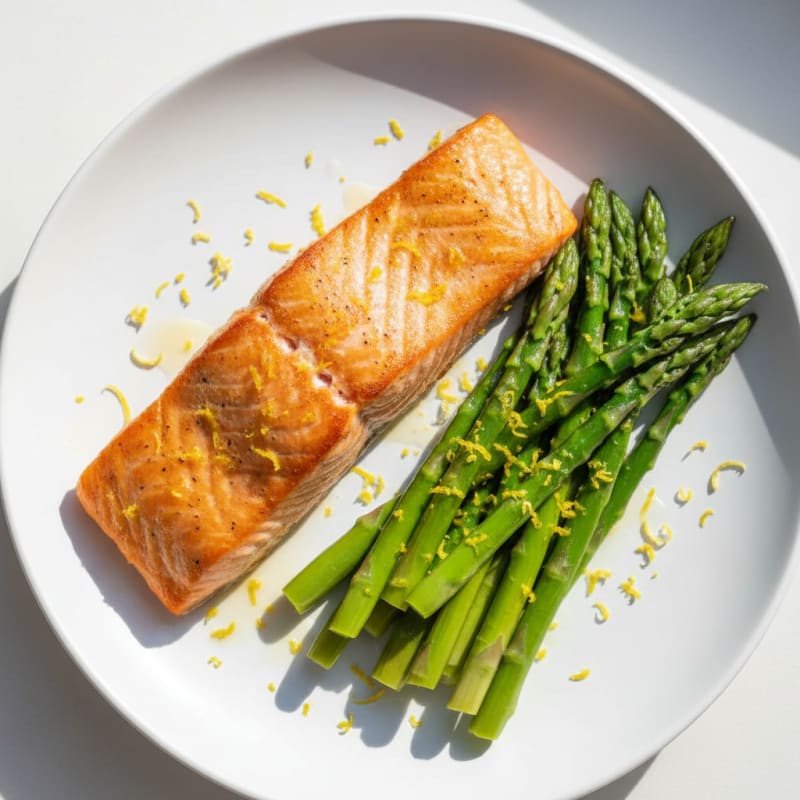 Seared Salmon Fillet with Steamed Asparagus and Lemon Zest