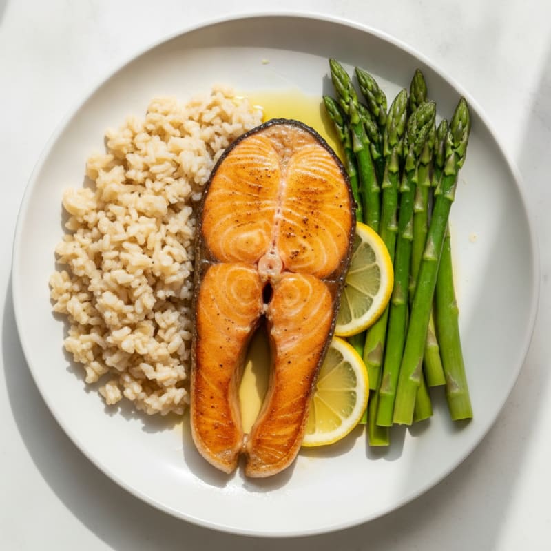 Seared Salmon Fillet with Steamed Asparagus and Brown Rice
