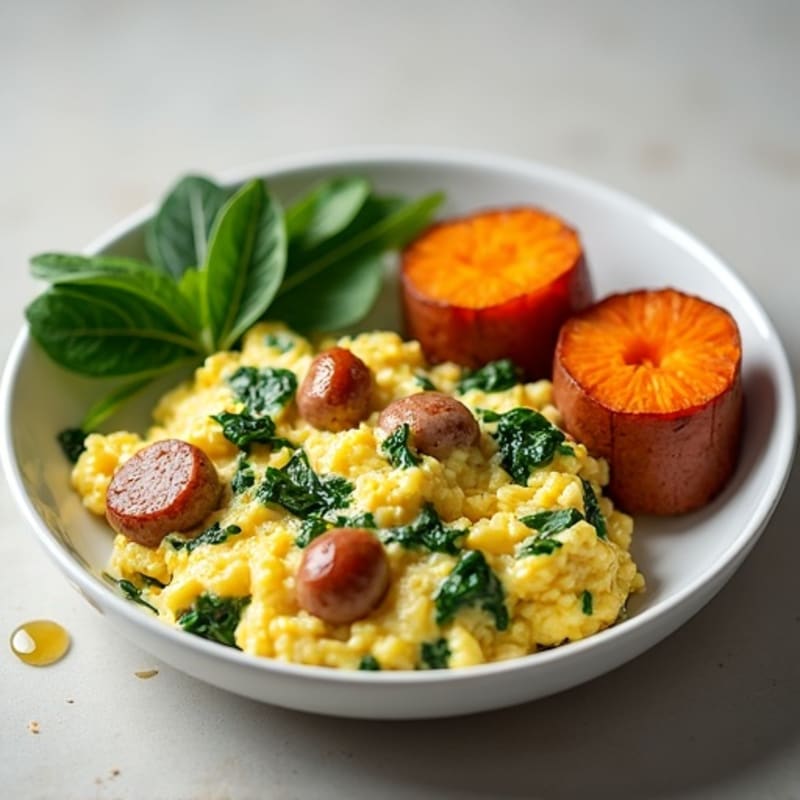 Egg White Spinach Scramble with Turkey Sausage and Roasted Sweet Potato