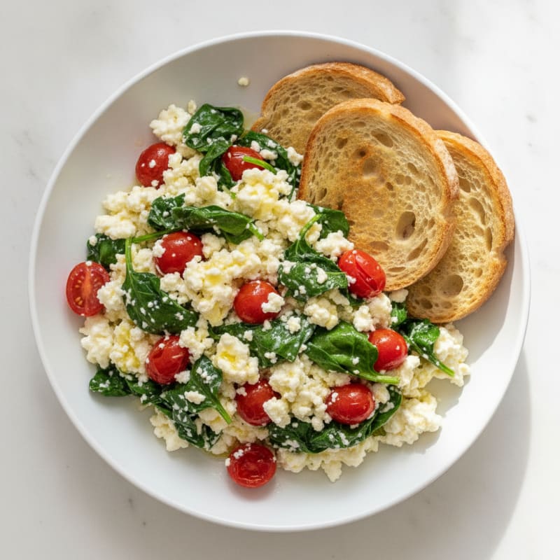 Egg White and Cottage Cheese Scramble with Spinach and Cherry Tomatoes