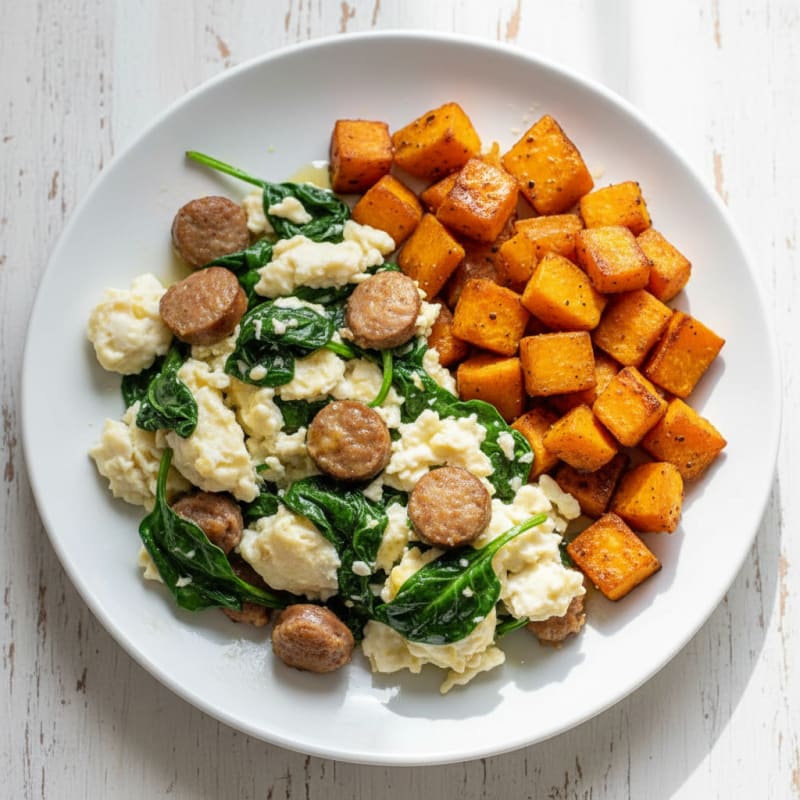 Egg White and Turkey Sausage Scramble with Spinach and Roasted Sweet Potatoes