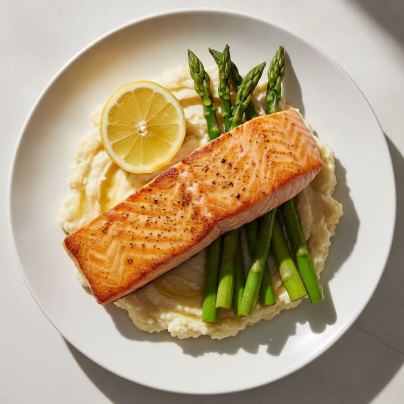 Seared Salmon with Steamed Asparagus and Cauliflower Mash