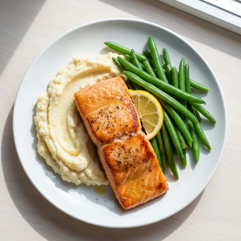 Seared Salmon with Steamed Green Beans and Garlic Mashed Cauliflower