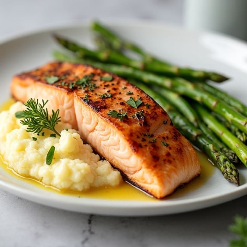 Grilled Salmon with Roasted Asparagus and Garlic Mashed Cauliflower