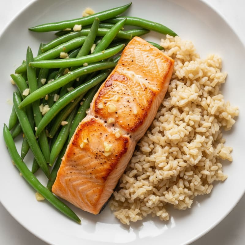 Seared Salmon with Garlic Green Beans and Brown Rice