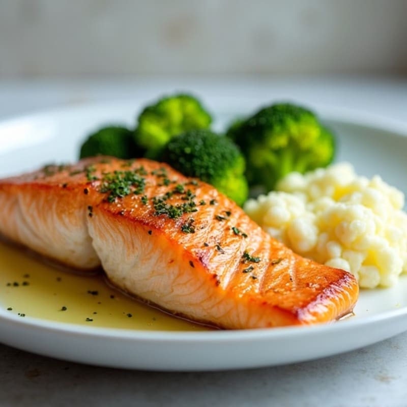Seared Salmon Fillet with Steamed Broccoli and Garlic Mashed Cauliflower