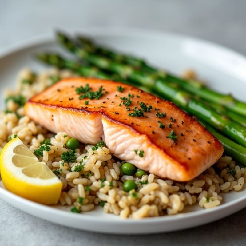 Seared Salmon with Steamed Asparagus and Lemon-Herb Brown Rice