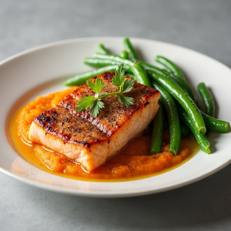 Seared Salmon with Steamed Green Beans and Sweet Potato Mash